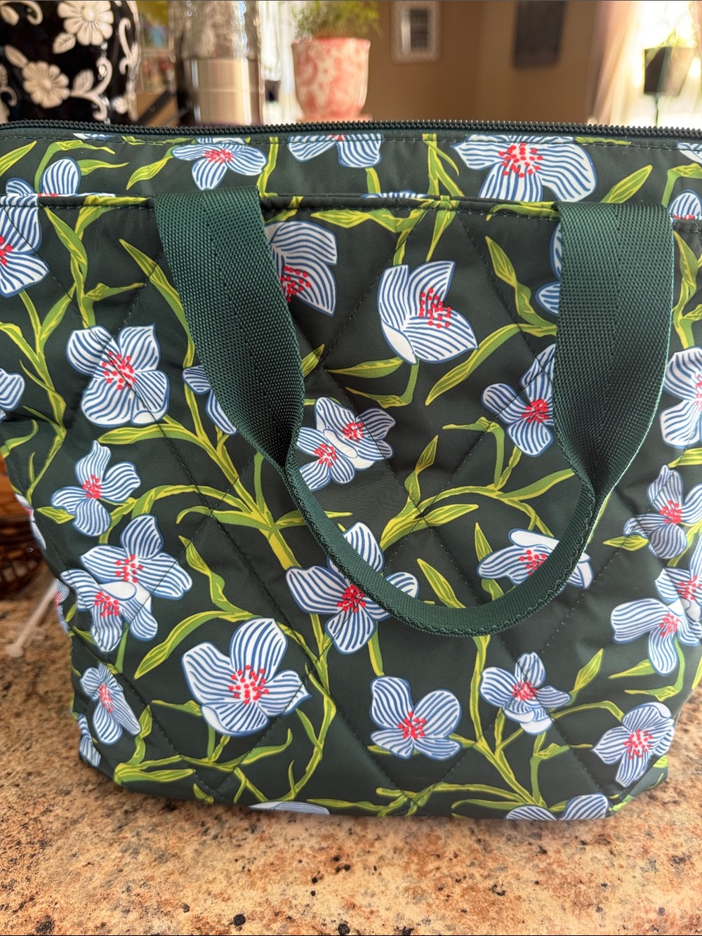 Vera Bradley Green Quilted Floral Lunch Tote with Blue & Red Accents